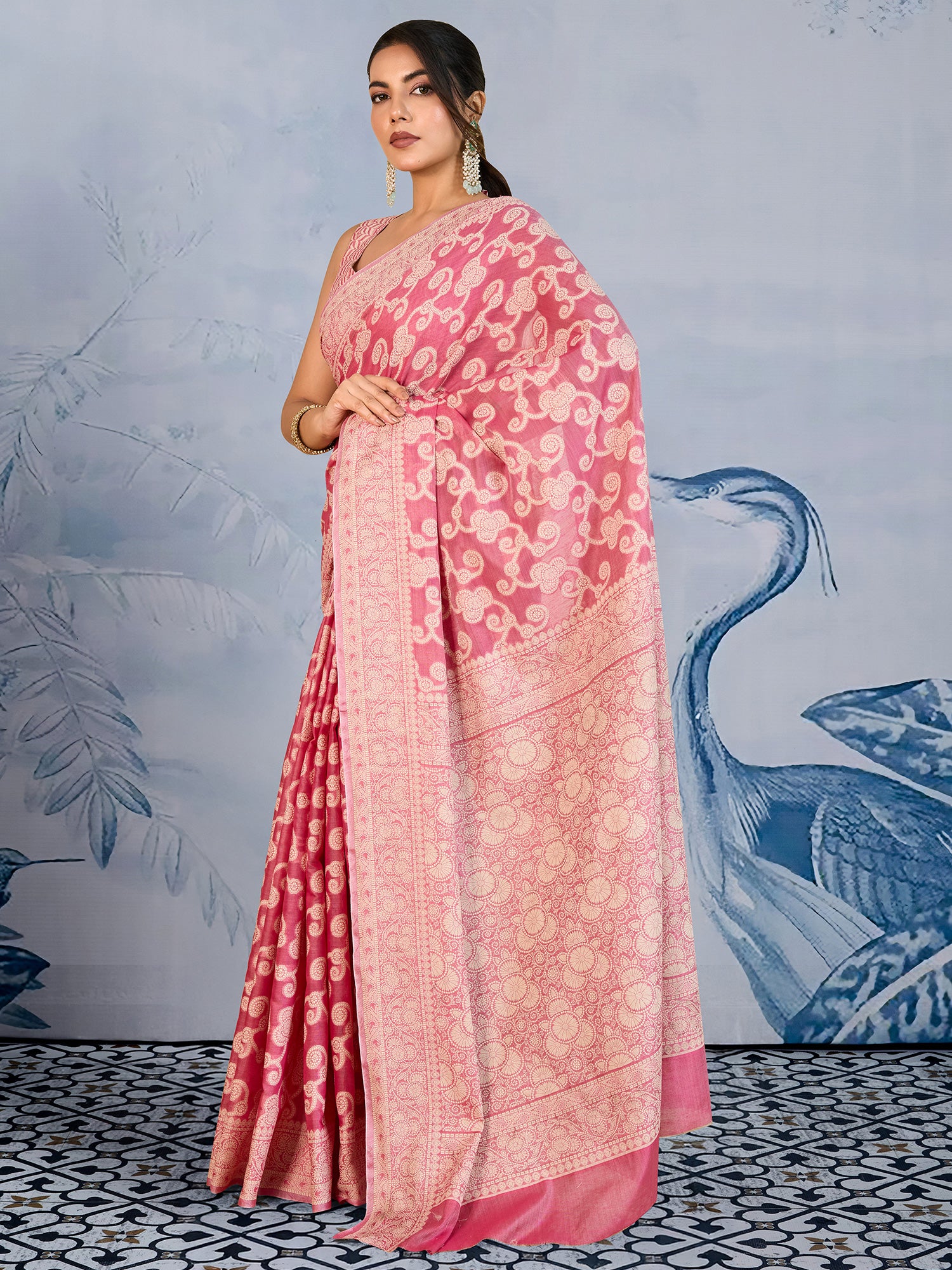 Women's Chanderi Cotton Pink Woven Design DesignerSaree With Blouse Piece