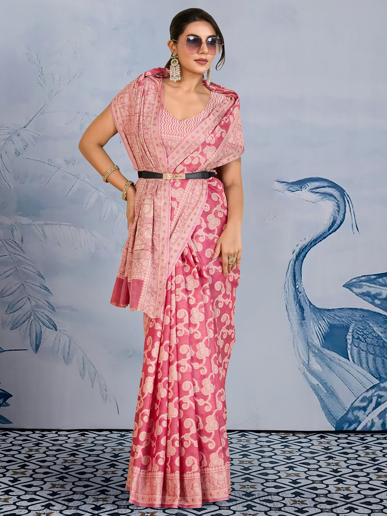 Women's Chanderi Cotton Pink Woven Design DesignerSaree With Blouse Piece