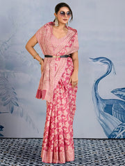Women's Chanderi Cotton Pink Woven Design DesignerSaree With Blouse Piece