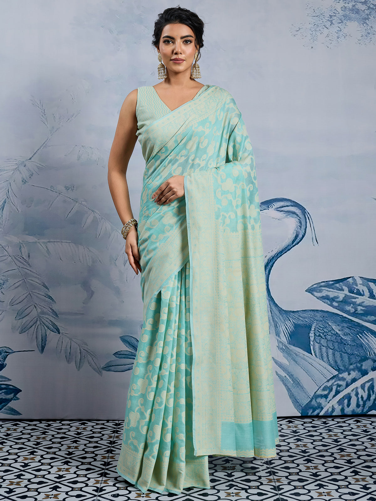 Women's Chanderi Cotton Light Blue Woven Design DesignerSaree With Blouse Piece