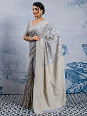 Women's Chanderi Cotton Grey Woven Design DesignerSaree With Blouse Piece