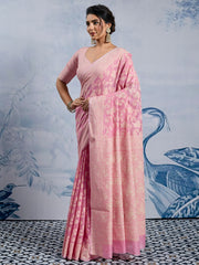 Women's Chanderi Cotton Pink Woven Design DesignerSaree With Blouse Piece