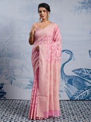Women's Chanderi Cotton Pink Woven Design DesignerSaree With Blouse Piece