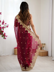 Women's Chiffon Burgundy Embellished DesignerSaree With Blouse Piece