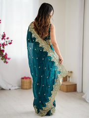 Women's Chiffon Teal blue Embellished DesignerSaree With Blouse Piece