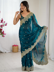 Women's Chiffon Teal blue Embellished DesignerSaree With Blouse Piece