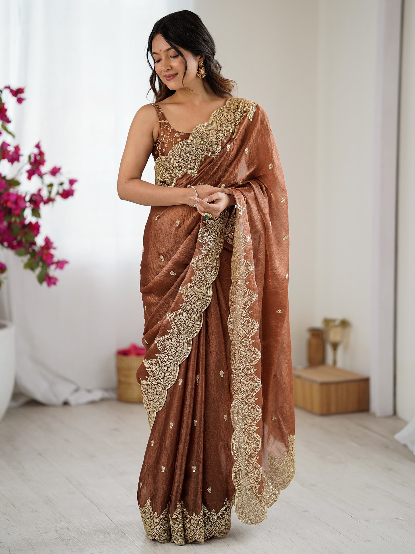 Women's Chiffon Brown Embellished DesignerSaree With Blouse Piece