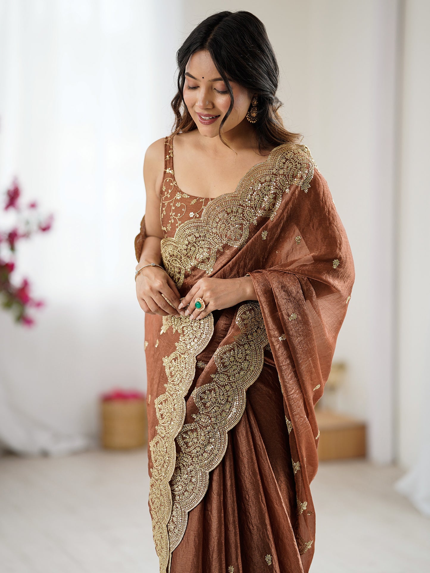 Women's Chiffon Brown Embellished DesignerSaree With Blouse Piece