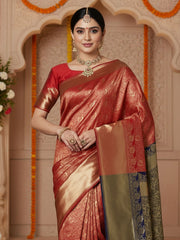 Women's Silk Blend Maroon Woven Design DesignerSaree With Blouse Piece