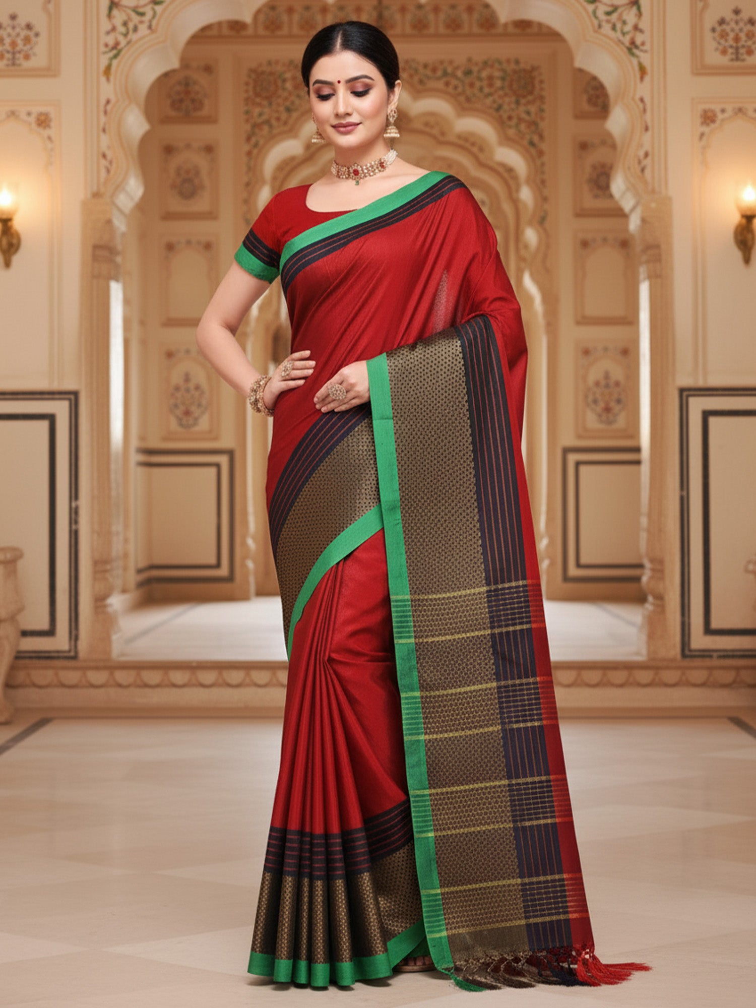 Women's Cotton Silk Red Solid DesignerSaree With Blouse Piece