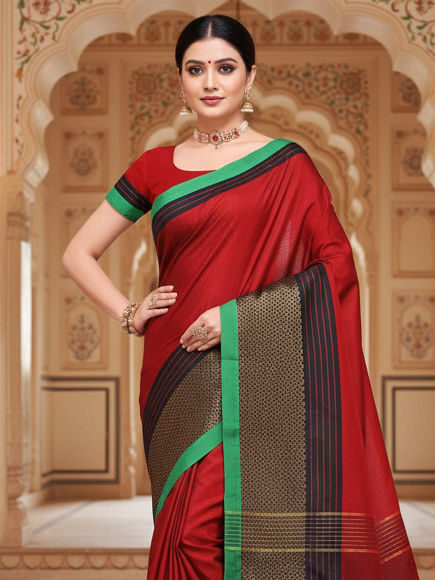 Women's Cotton Silk Red Solid DesignerSaree With Blouse Piece
