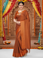 Women's Satin Rust Solid DesignerSaree With Blouse Piece