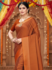 Women's Satin Rust Solid DesignerSaree With Blouse Piece