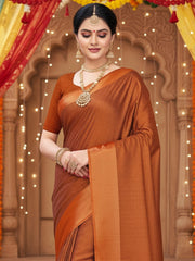 Women's Satin Rust Solid DesignerSaree With Blouse Piece