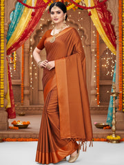 Women's Satin Rust Solid DesignerSaree With Blouse Piece