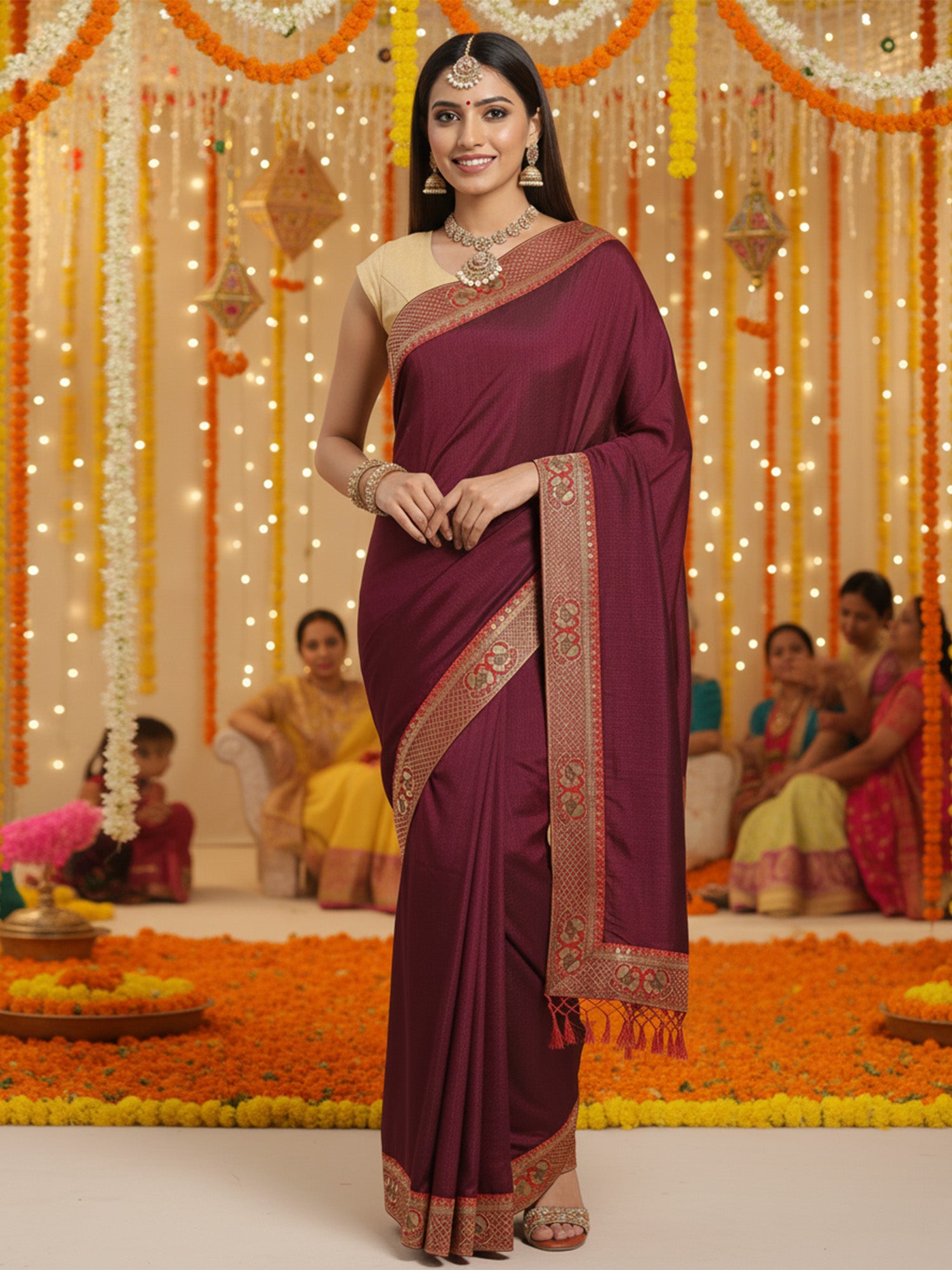 Women's Silk Blend Purple Solid DesignerSaree With Blouse Piece
