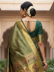 Women's Silk Blend Green Woven Design DesignerSaree With Blouse Piece
