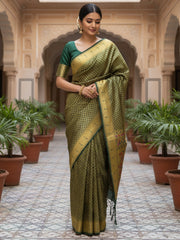 Women's Silk Blend Green Woven Design DesignerSaree With Blouse Piece