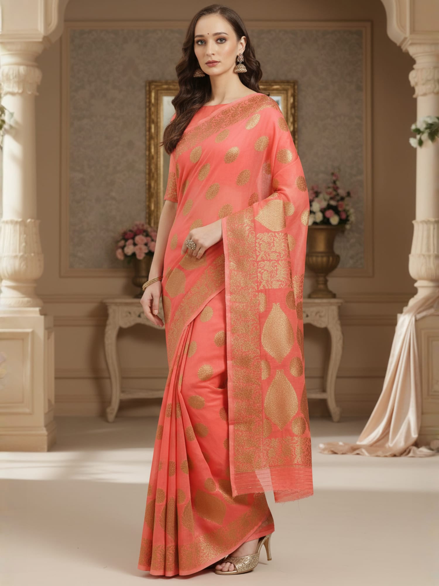 Women's Silk Blend Peach Woven Design DesignerSaree With Blouse Piece