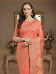 Women's Silk Blend Peach Woven Design DesignerSaree With Blouse Piece