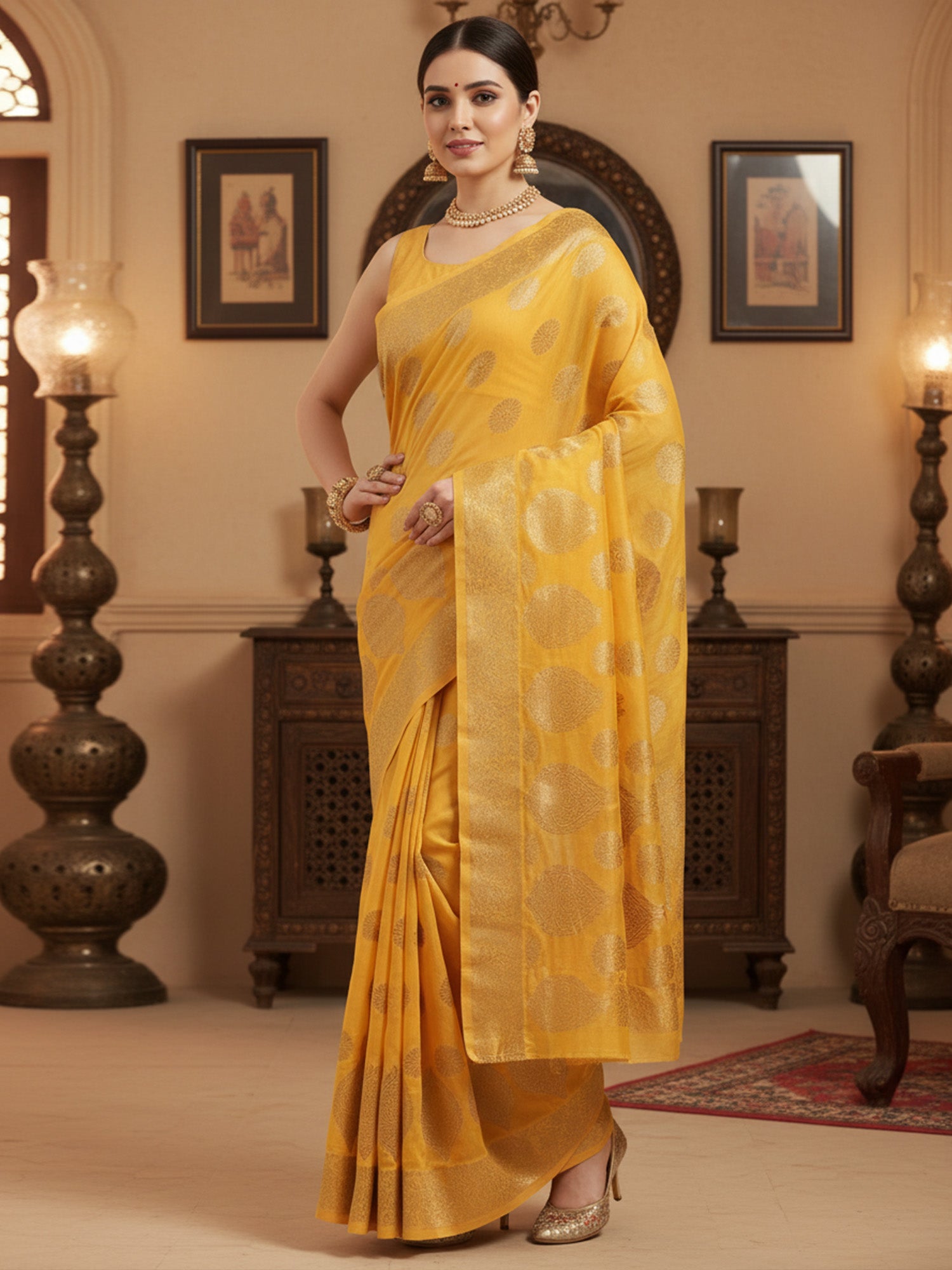 Women's Silk Blend Mustard Woven Design DesignerSaree With Blouse Piece