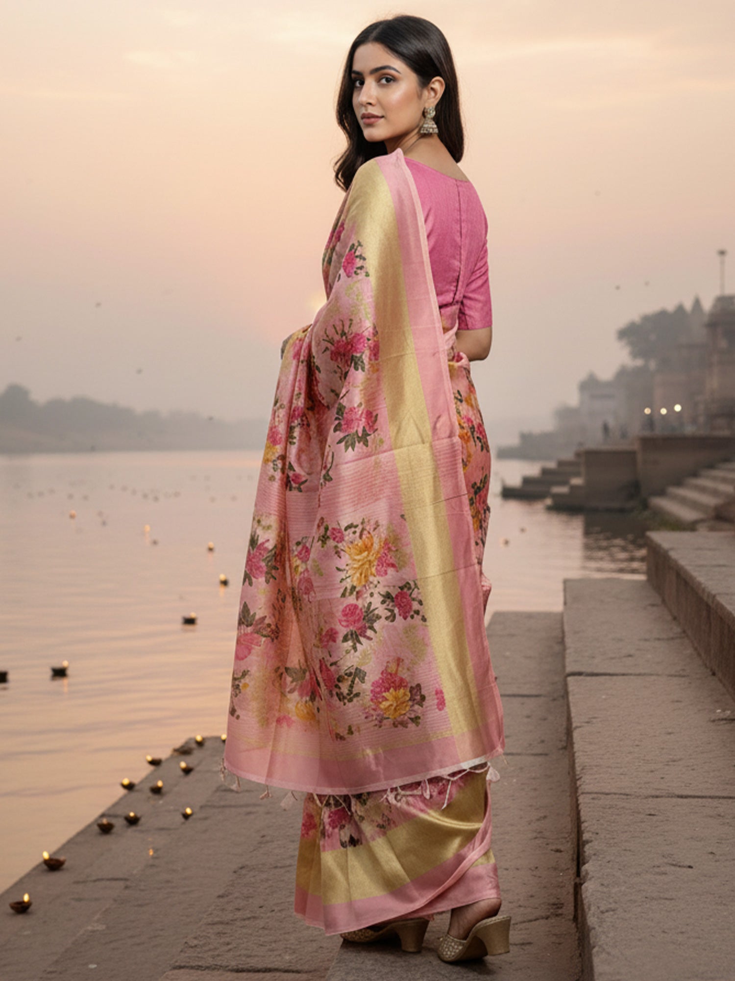 Women's Silk Blend Pink Printed DesignerSaree With Blouse Piece