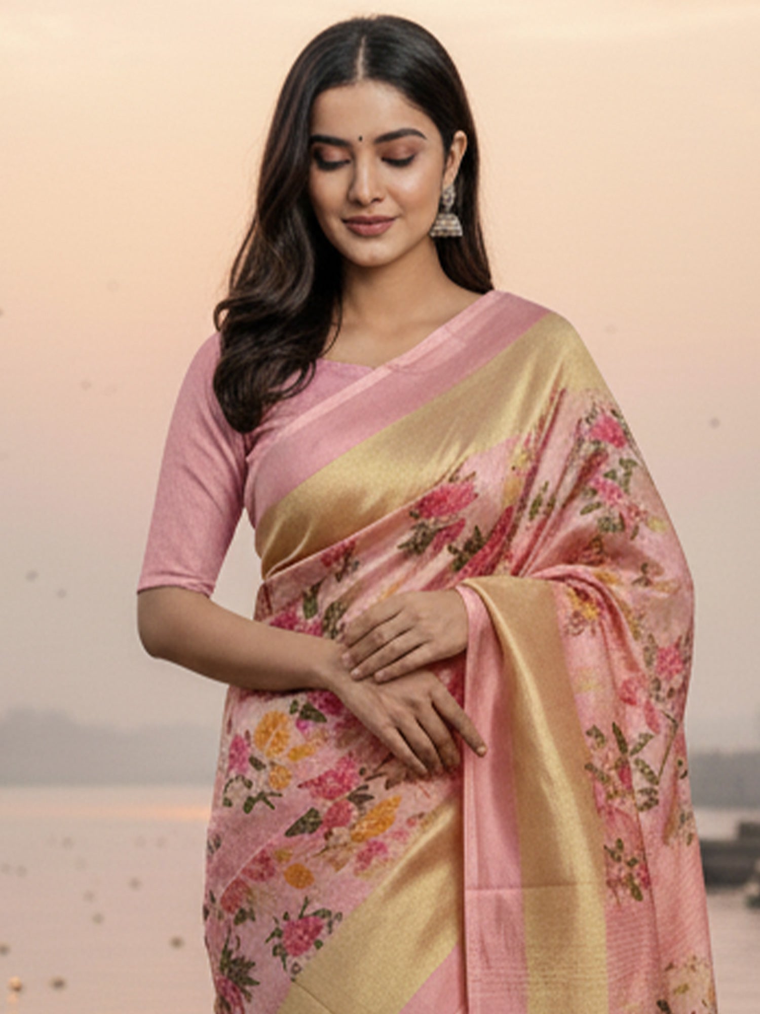 Women's Silk Blend Pink Printed DesignerSaree With Blouse Piece
