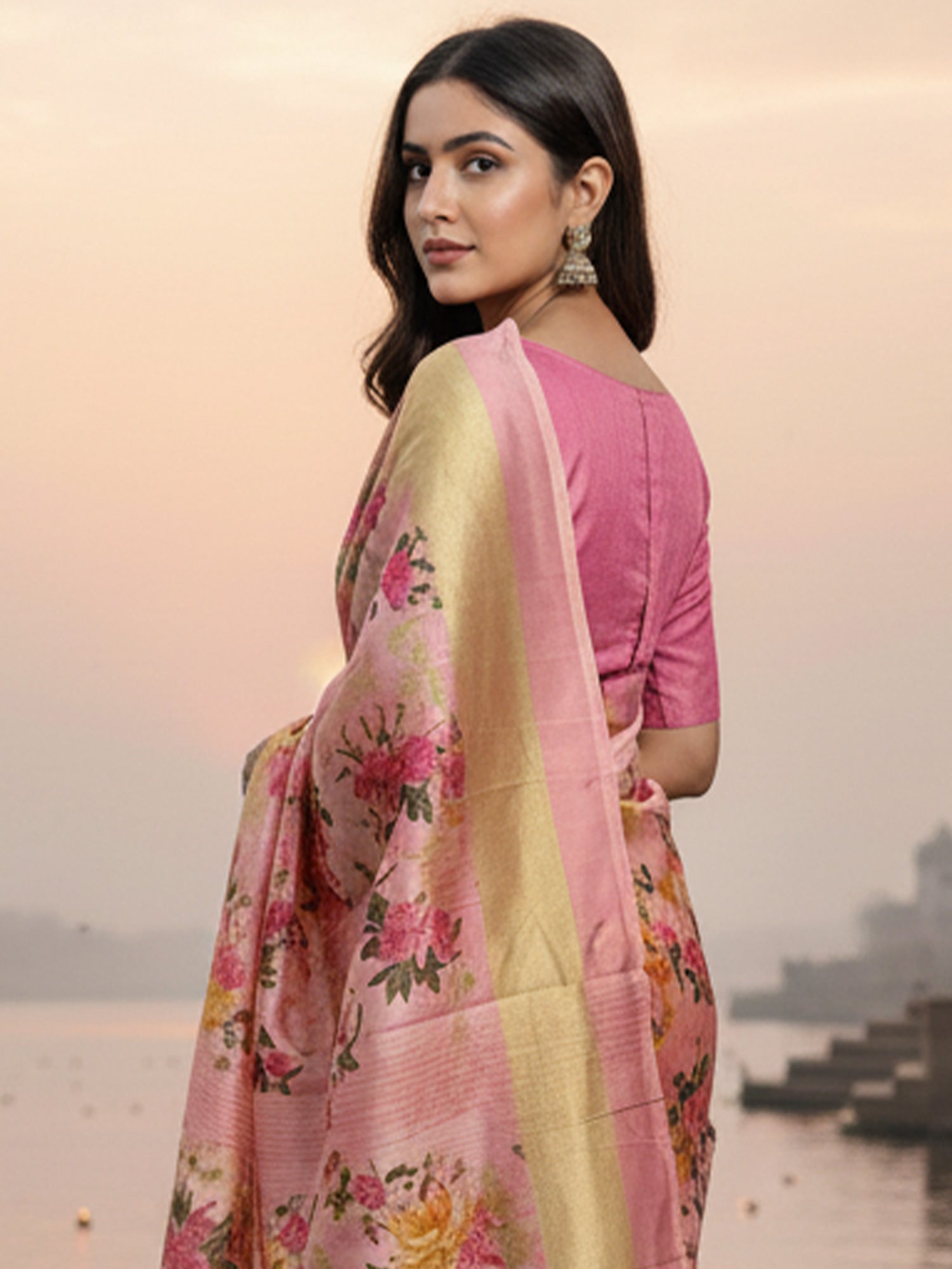 Women's Silk Blend Pink Printed DesignerSaree With Blouse Piece