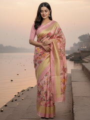 Women's Silk Blend Pink Printed DesignerSaree With Blouse Piece