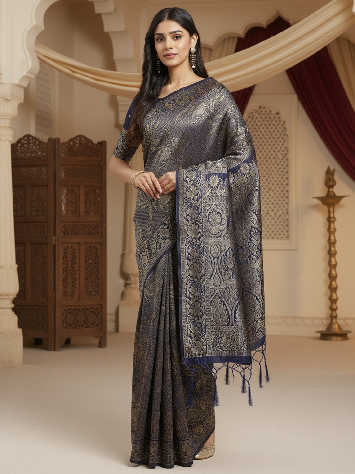 Women's Silk Blend Navy Blue Woven Design DesignerSaree With Blouse Piece