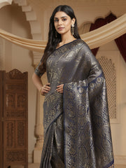 Women's Silk Blend Navy Blue Woven Design DesignerSaree With Blouse Piece