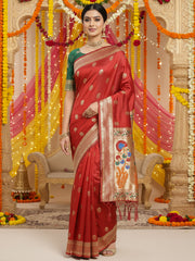 Women's Silk Blend Red Woven Design DesignerSaree With Blouse Piece