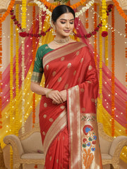 Women's Silk Blend Red Woven Design DesignerSaree With Blouse Piece