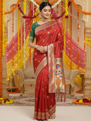 Women's Silk Blend Red Woven Design DesignerSaree With Blouse Piece