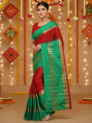 Women's Cotton BLEND Red Solid DesignerSaree With Blouse Piece
