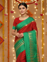 Women's Cotton BLEND Red Solid DesignerSaree With Blouse Piece