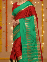 Women's Cotton BLEND Red Solid DesignerSaree With Blouse Piece
