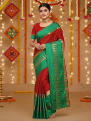 Women's Cotton BLEND Red Solid DesignerSaree With Blouse Piece
