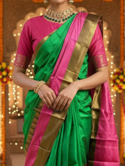 Women's Cotton Blend Green & Pink Woven Design DesignerSaree With Blouse Piece