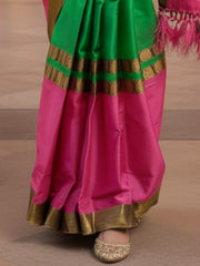 Women's Cotton Blend Green & Pink Woven Design DesignerSaree With Blouse Piece