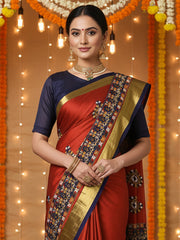 Women's Aura Red Embroidered DesignerSaree With Blouse Piece