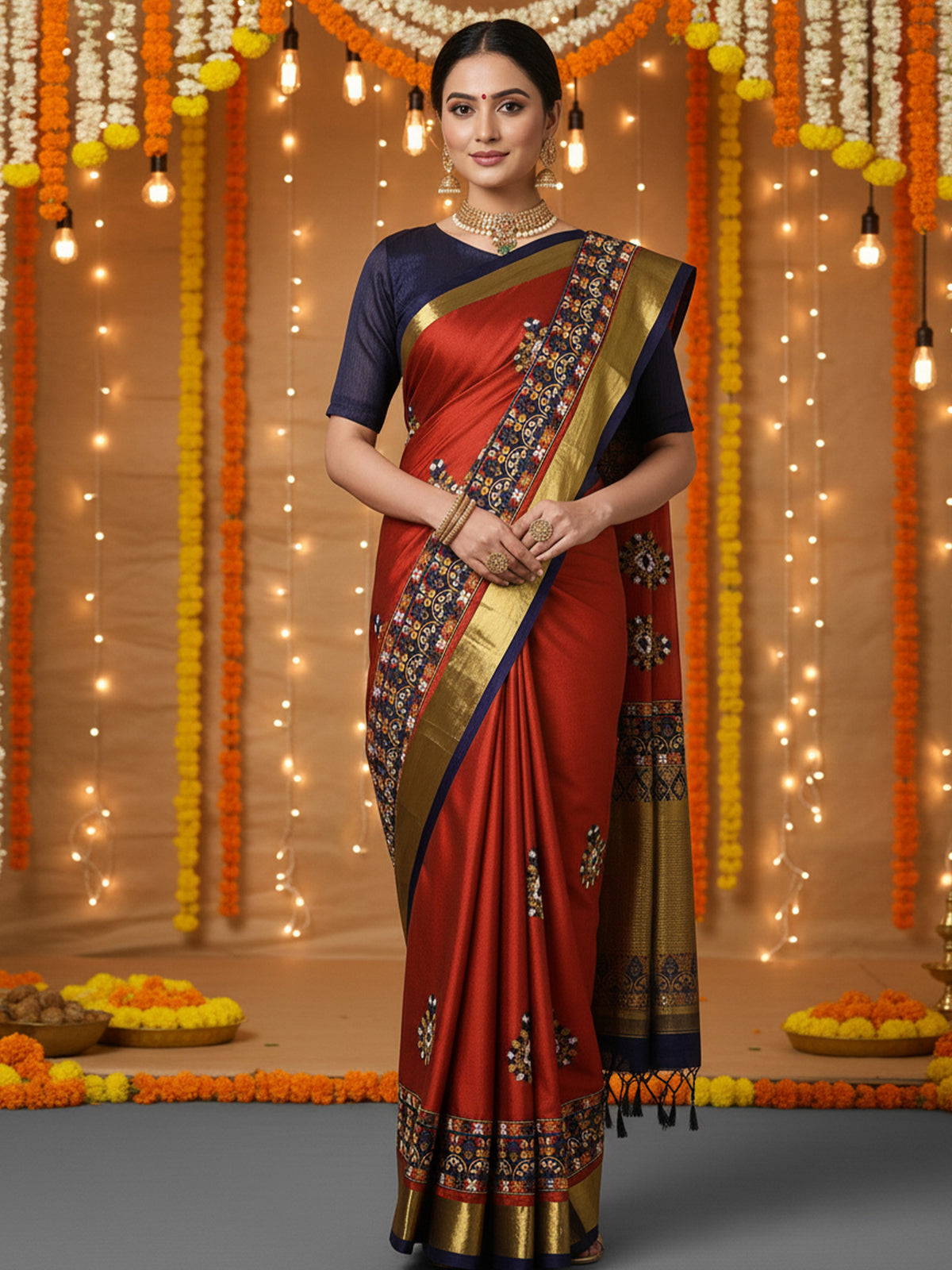 Women's Aura Red Embroidered DesignerSaree With Blouse Piece