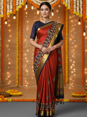 Women's Aura Red Embroidered DesignerSaree With Blouse Piece