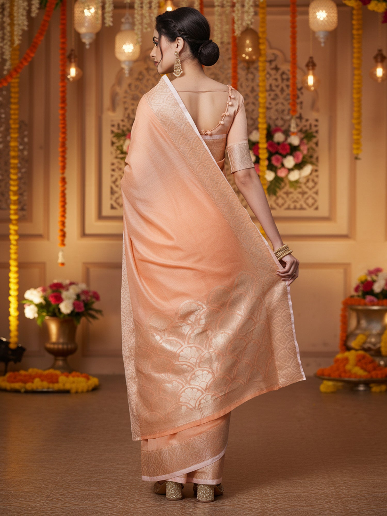 Women's Linen Blend Peach Woven Design DesignerSaree With Blouse Piece