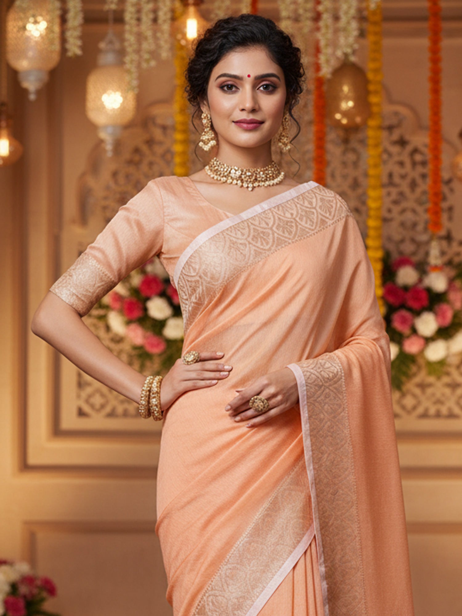 Women's Linen Blend Peach Woven Design DesignerSaree With Blouse Piece