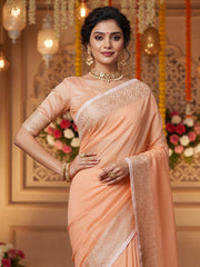 Women's Linen Blend Peach Woven Design DesignerSaree With Blouse Piece
