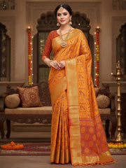 Women's Silk Blend Yellow Printed DesignerSaree With Blouse Piece