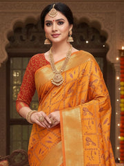 Women's Silk Blend Yellow Printed DesignerSaree With Blouse Piece