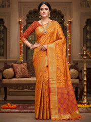 Women's Silk Blend Yellow Printed DesignerSaree With Blouse Piece