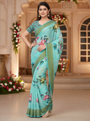 Women's Linen Light Blue Printed DesignerSaree With Blouse Piece